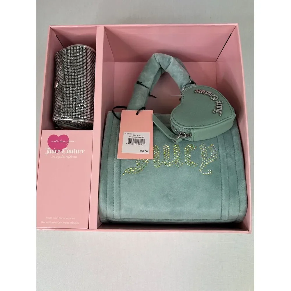 Juicy Couture Big Spender 3 Piece Gift Box Set Sage Green Tote Coin Purse Wristl